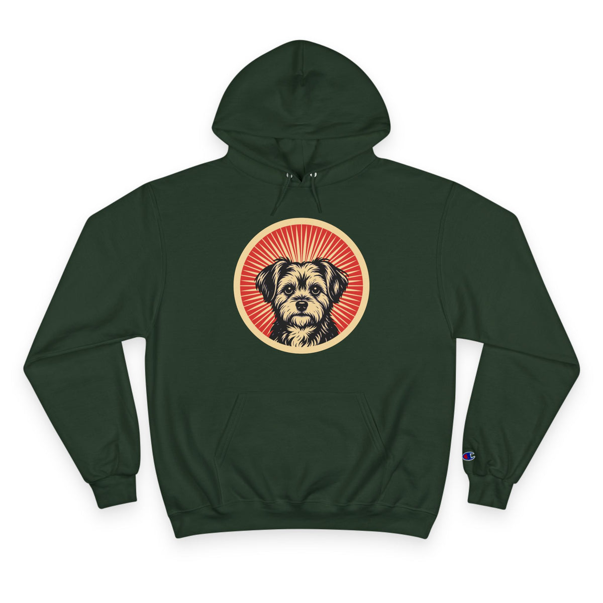 Shorkie badge art in a ring of red rays on a champion hoodie