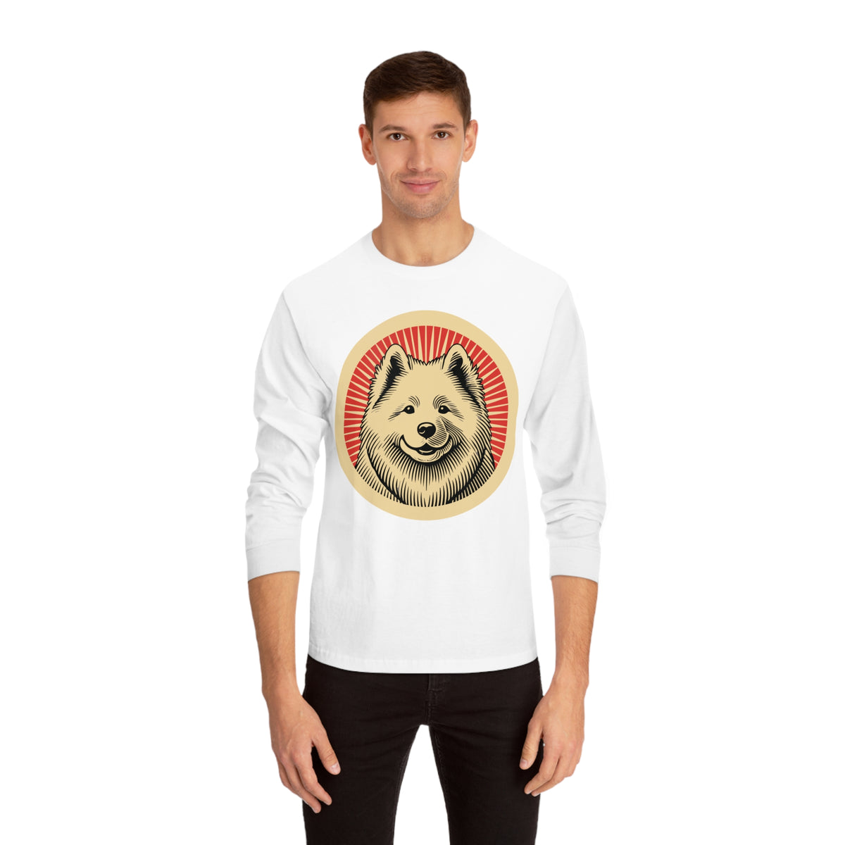 Samoyed badge art in a ring of red rays on a long-sleeve tee