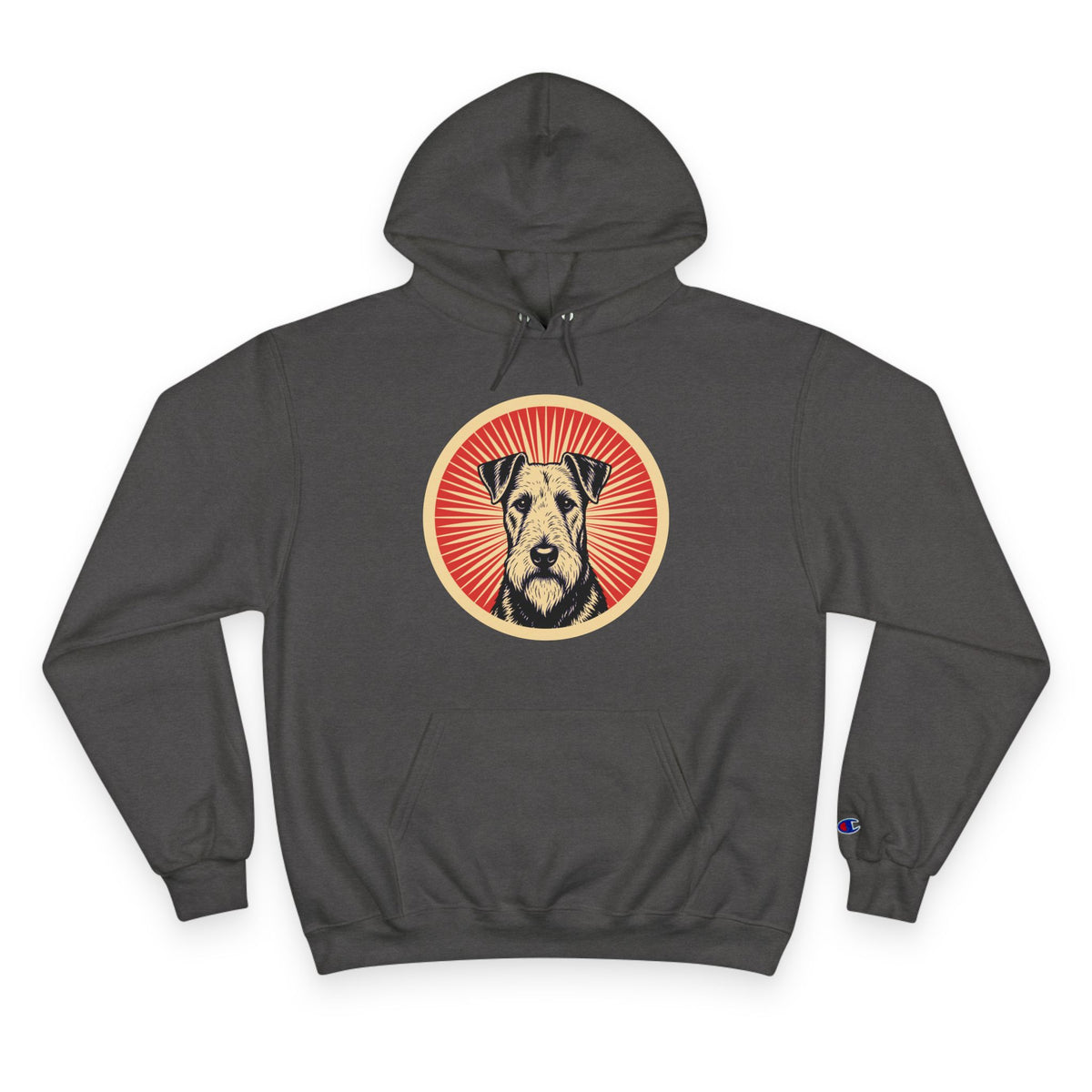 Airedale Terrier badge art in a ring of red rays on a champion hoodie