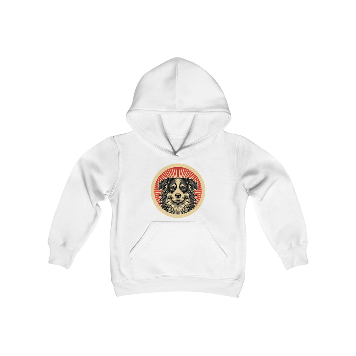Border Collie badge art in a ring of red rays on a kids' hoodie