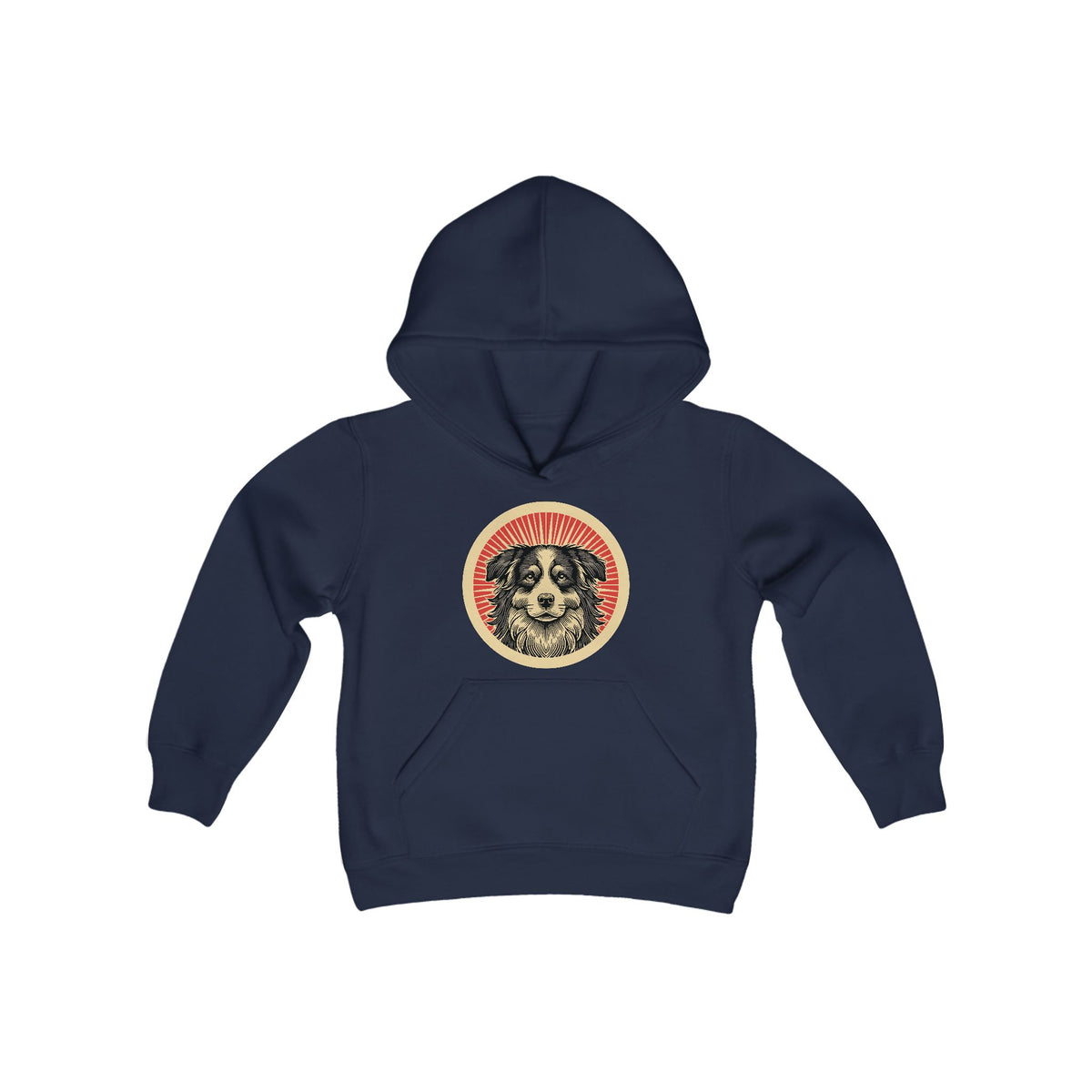 Border Collie badge art in a ring of red rays on a kids' hoodie