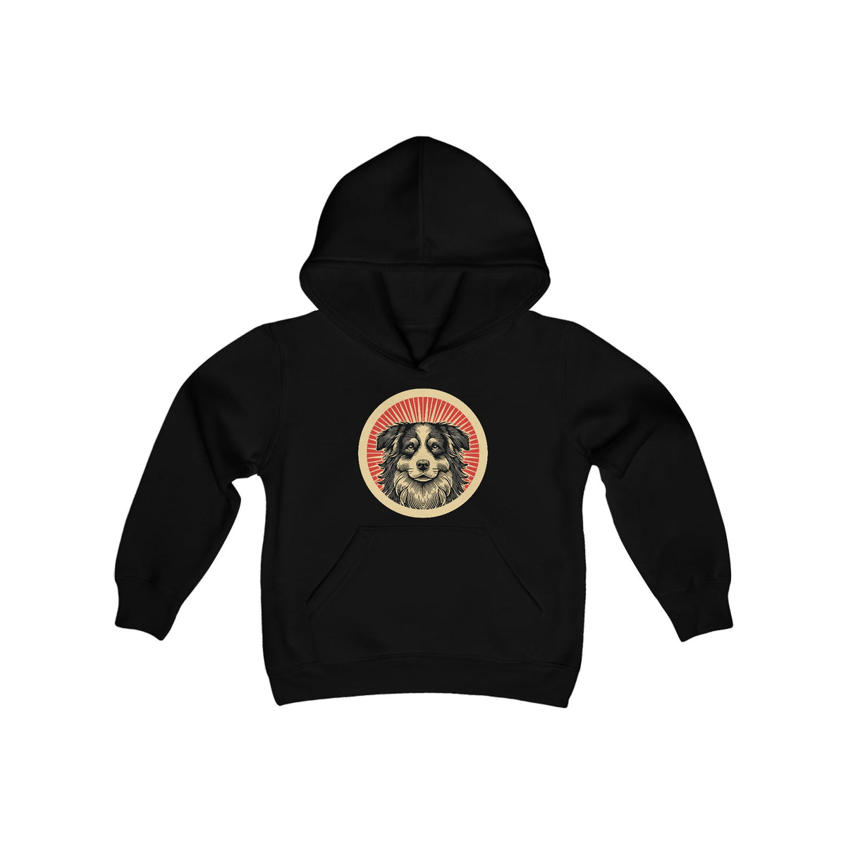 Border Collie badge art in a ring of red rays on a kids' hoodie