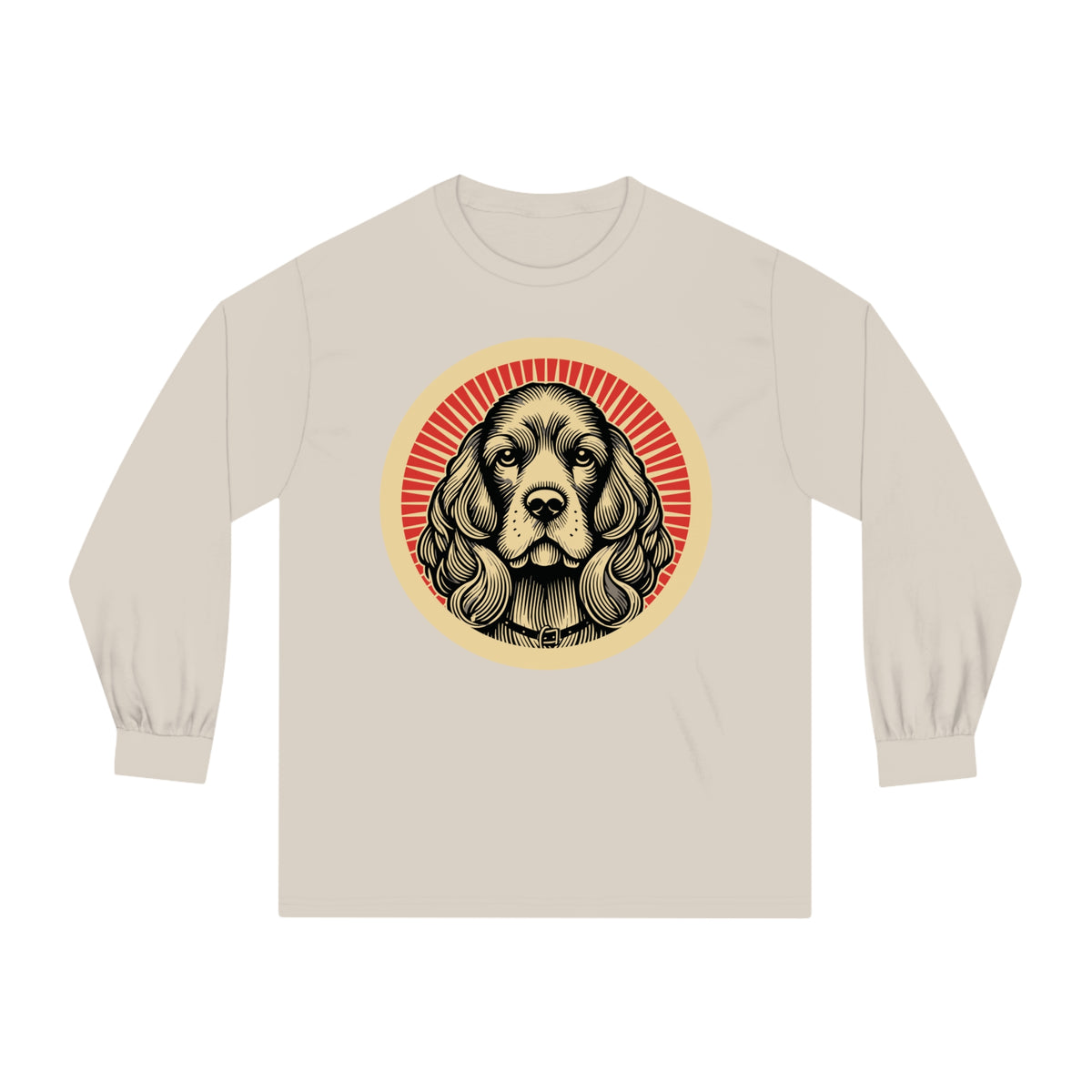 Cavalier King Charles Spaniel badge art in a ring of red rays on a long-sleeve tee