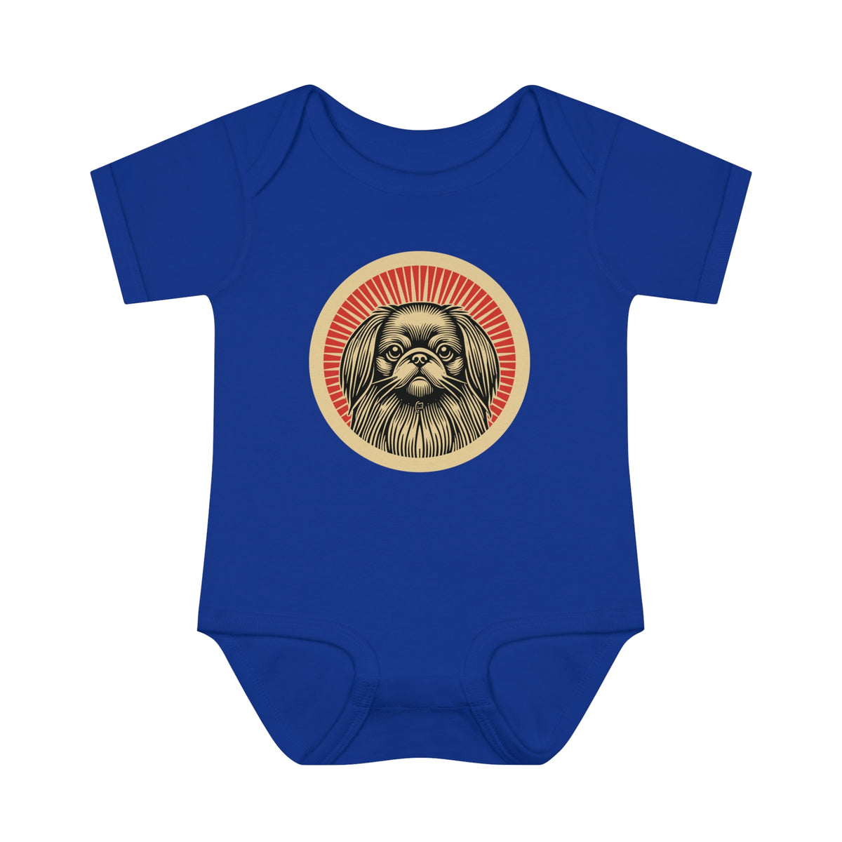 Pekingese badge art in a ring of red rays on a baby bodysuit