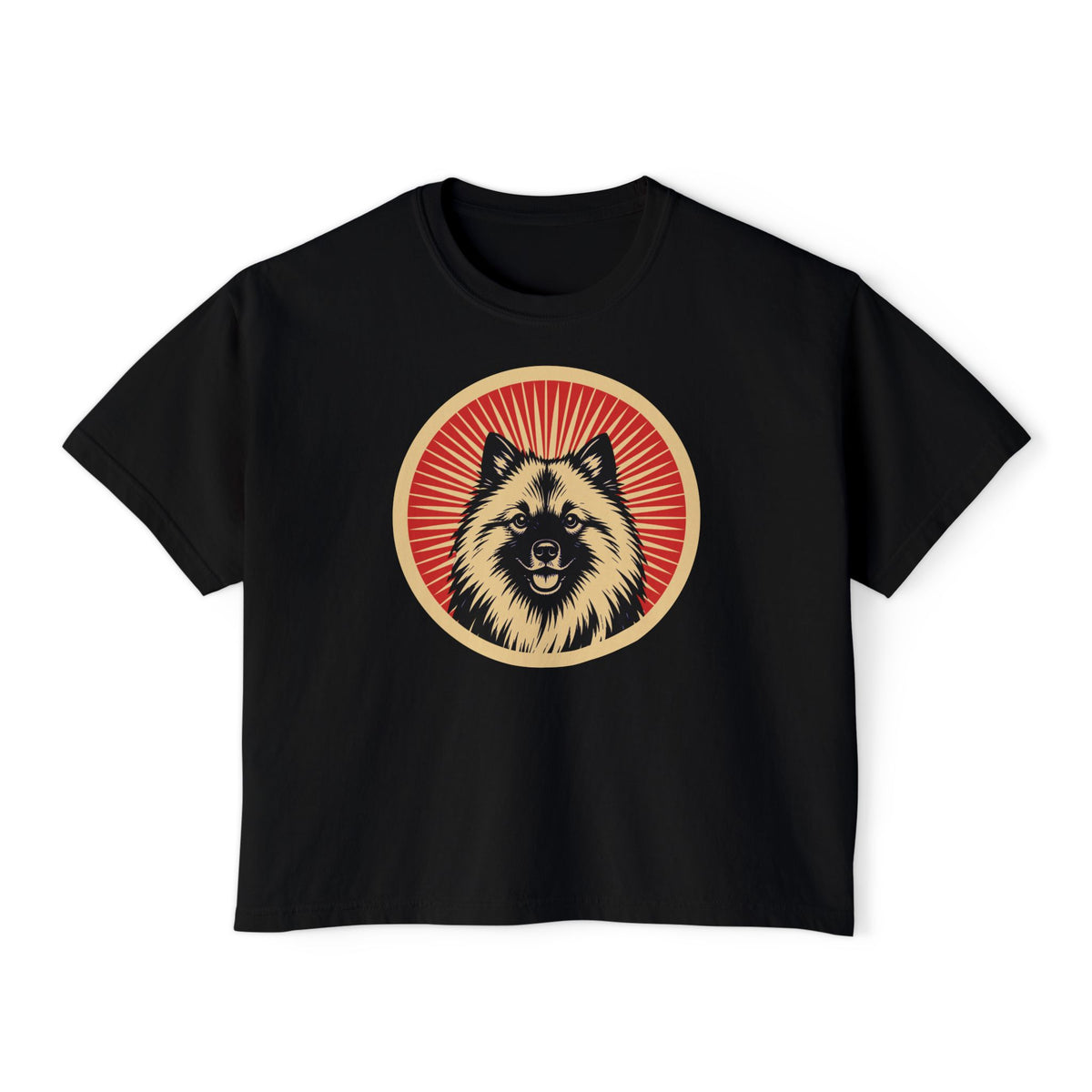 Keeshond badge art in a ring of red rays on a boxy tee