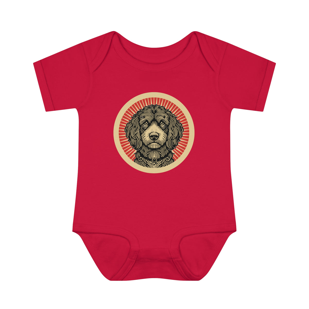 Aussiedoodle badge art in a ring of red rays on a baby bodysuit