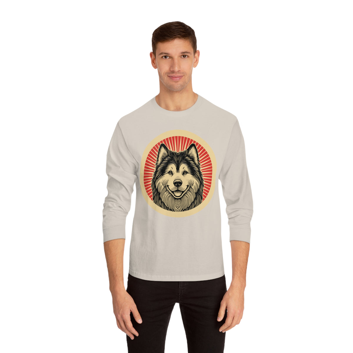 Alaskan Malamute badge art in a ring of red rays on a long-sleeve tee