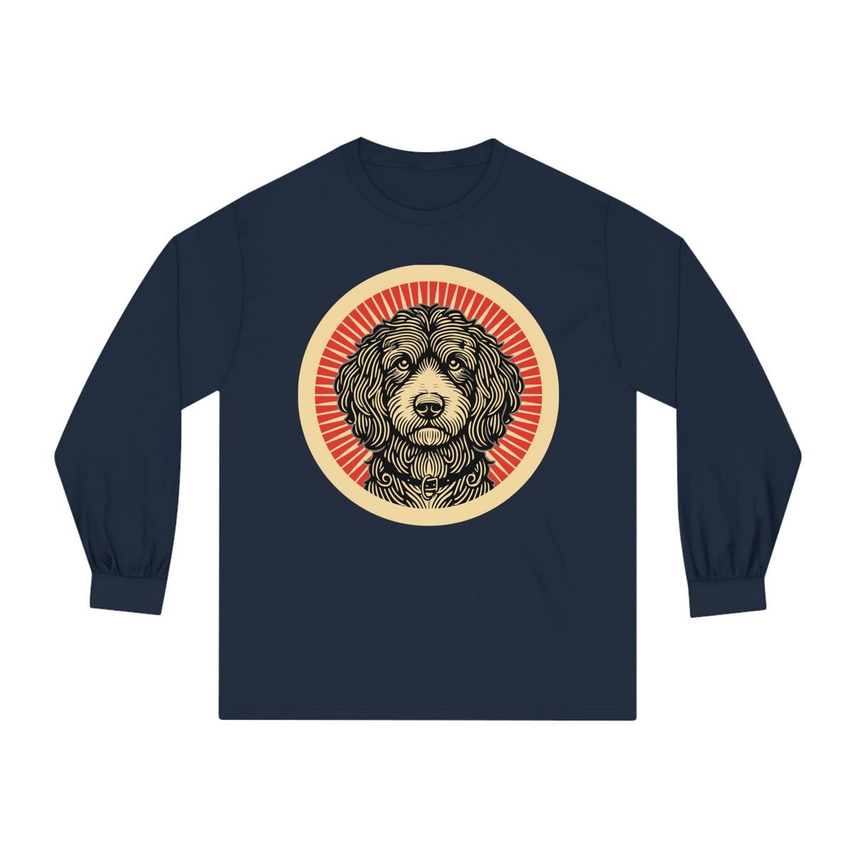 Aussiedoodle badge art in a ring of red rays on a long-sleeve tee