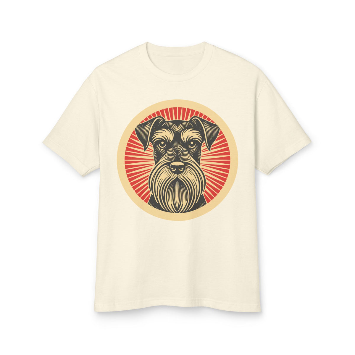 Standard Schnauzer badge art in a ring of red rays on a heavyweight tee