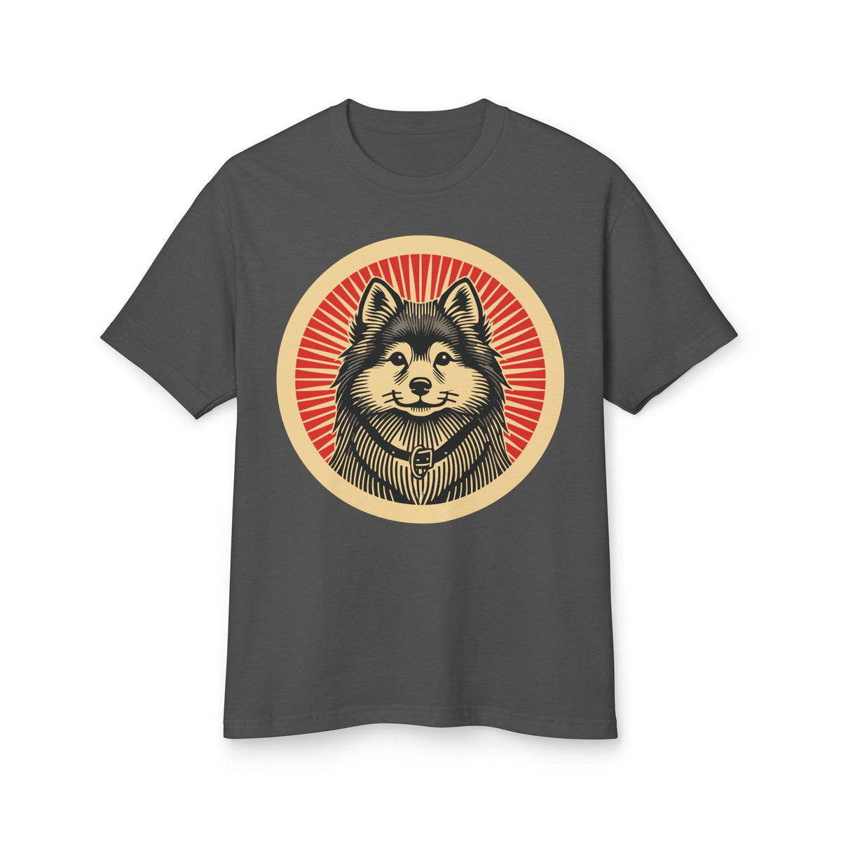 Finnish Spitz badge art in a ring of red rays on a heavyweight tee