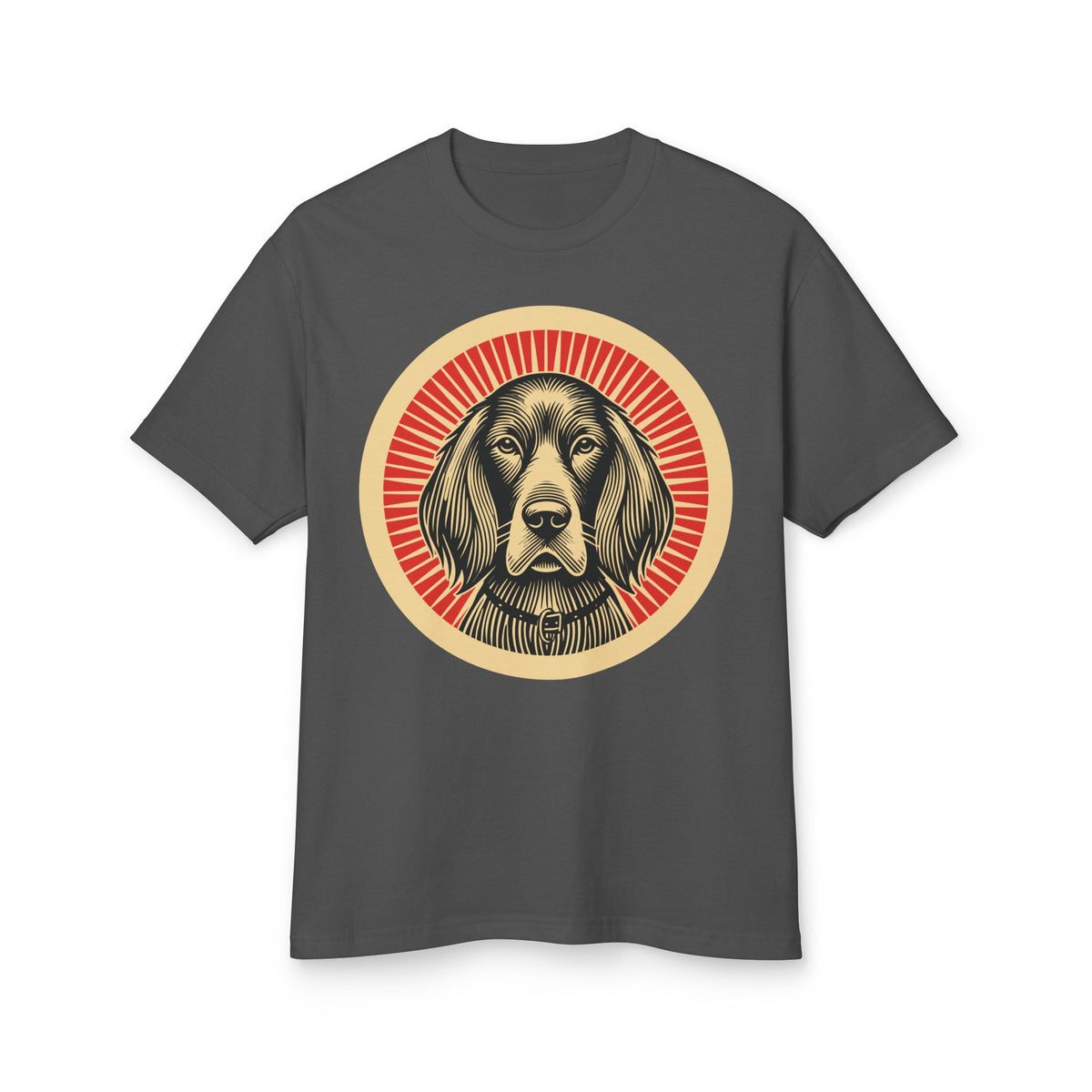 Irish Setter badge art in a ring of red rays on a heavyweight tee