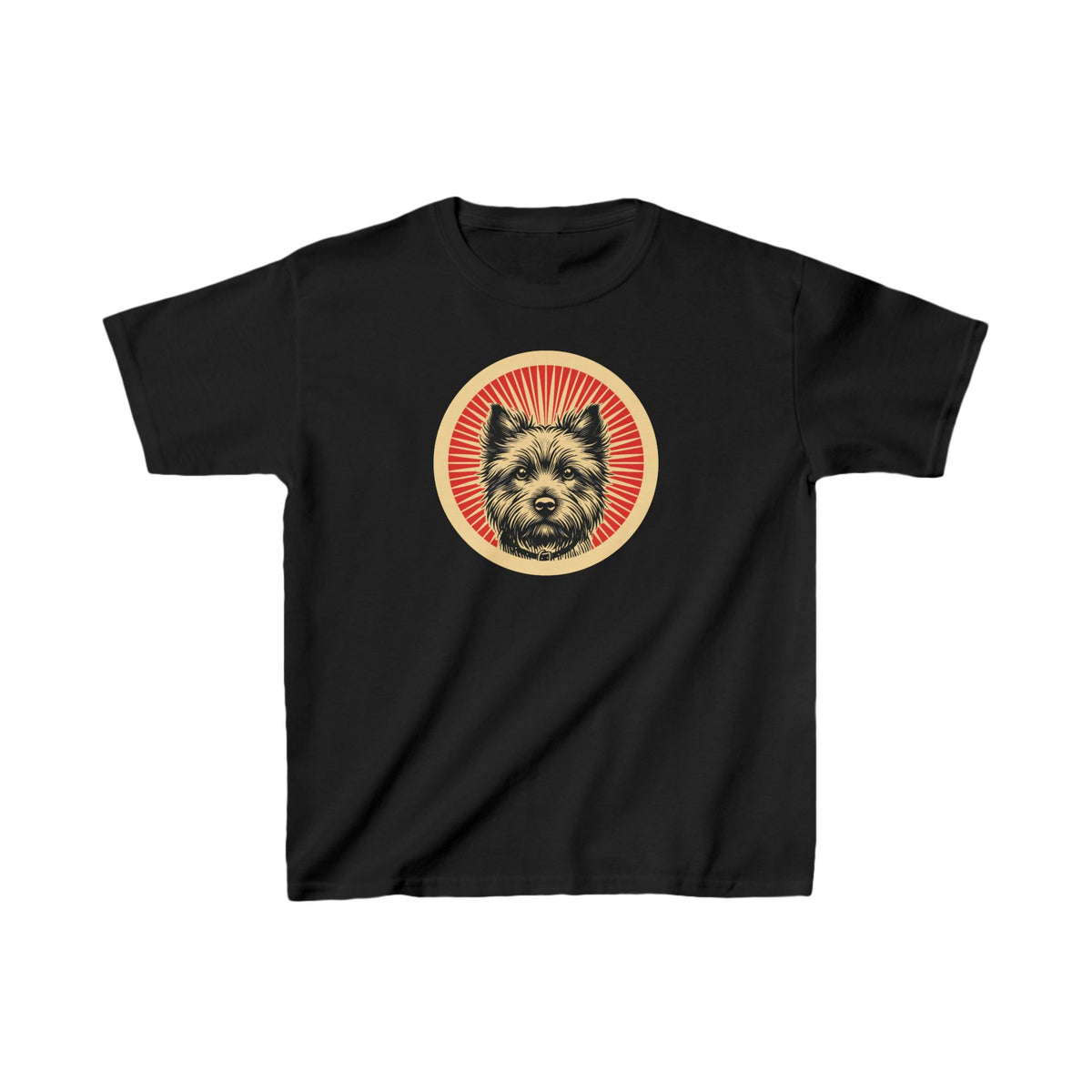 Cairn Terrier badge art in a ring of red rays on a kids' tee