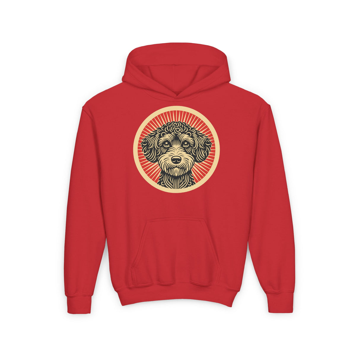 Schnoodle badge art in a ring of red rays on a kids' hoodie