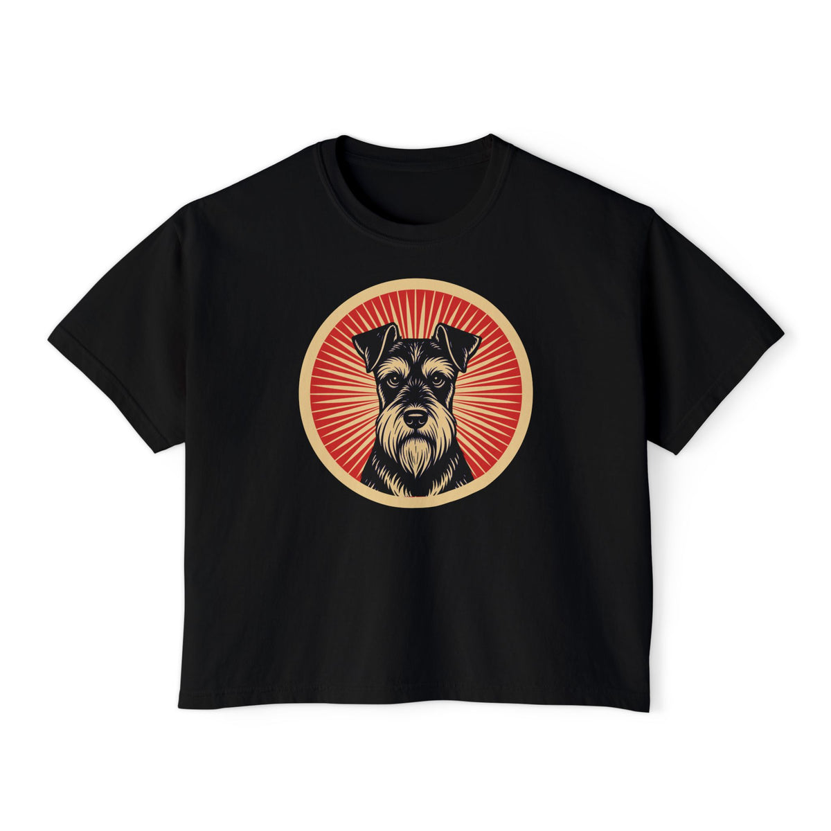 Miniature Schnauzer badge art in a ring of red rays on a boxy tee