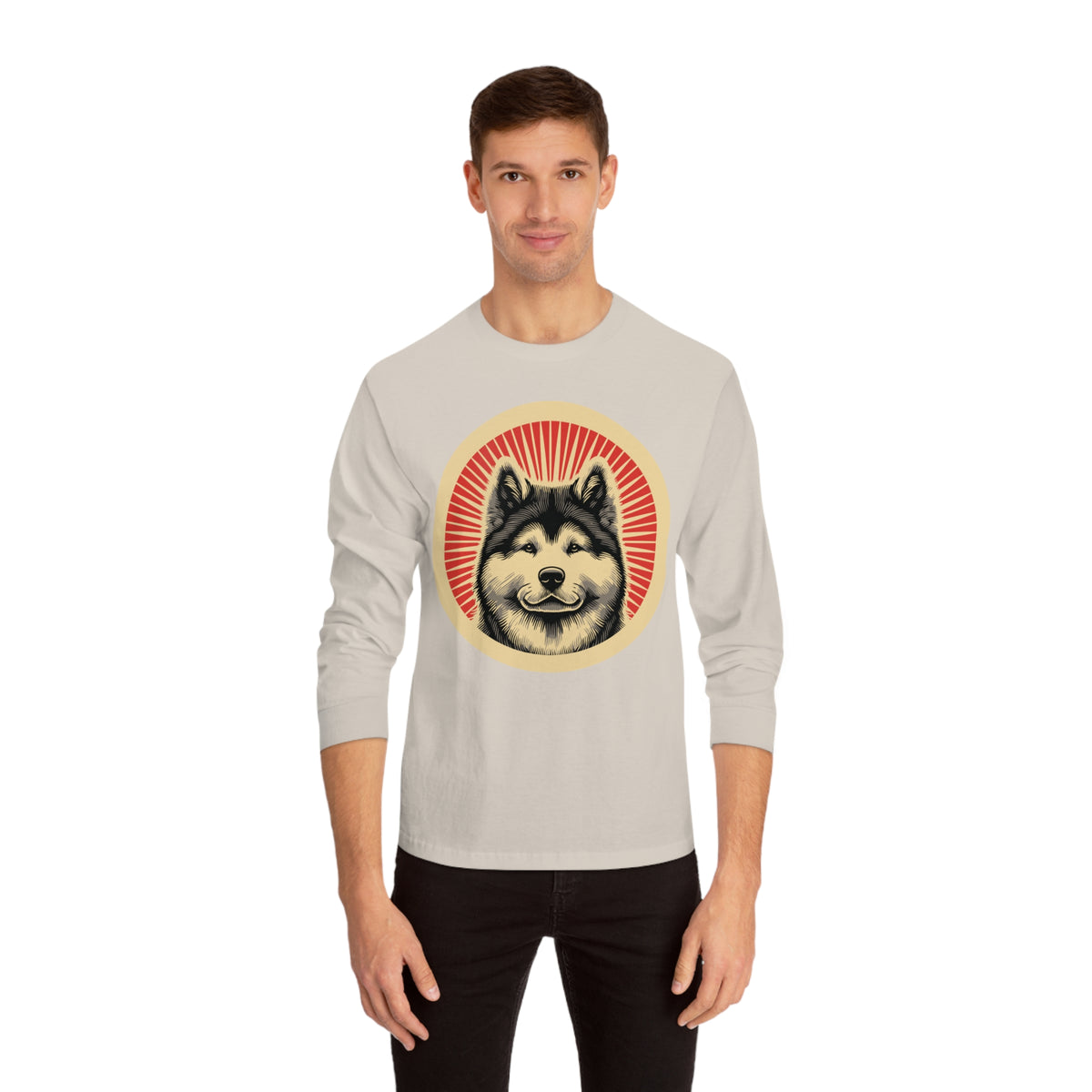 Akita badge art in a ring of red rays on a long-sleeve tee