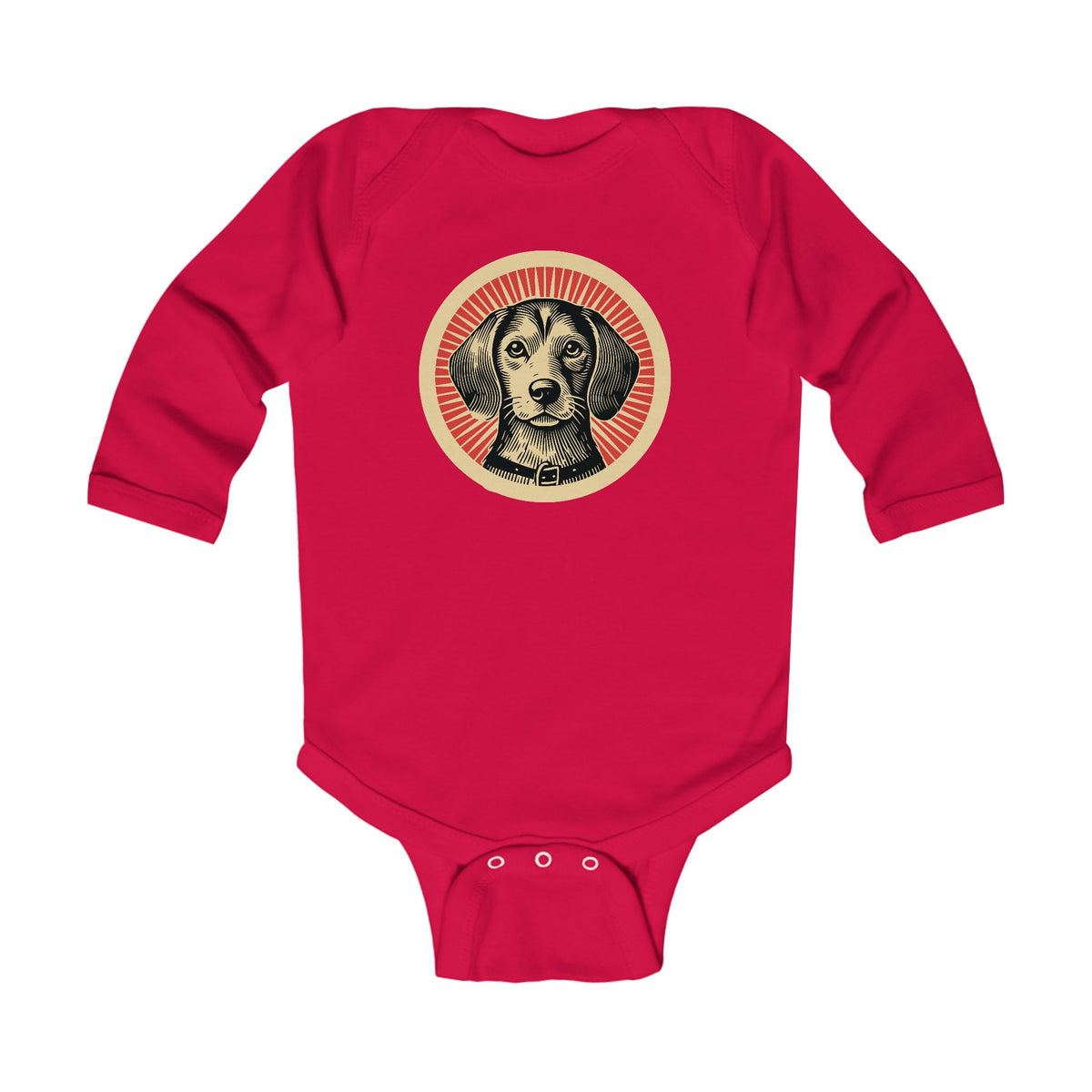 Beaglier badge art in a ring of red rays on a long-sleeved baby bodysuit