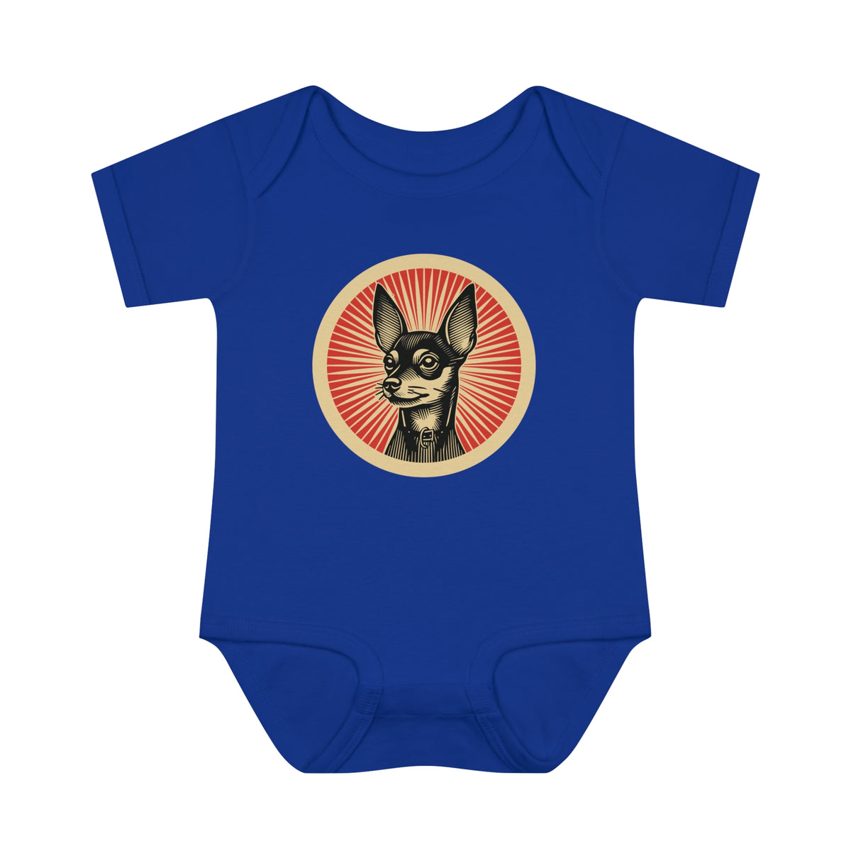 Miniature Pinscher badge art in a ring of red rays on a baby bodysuit
