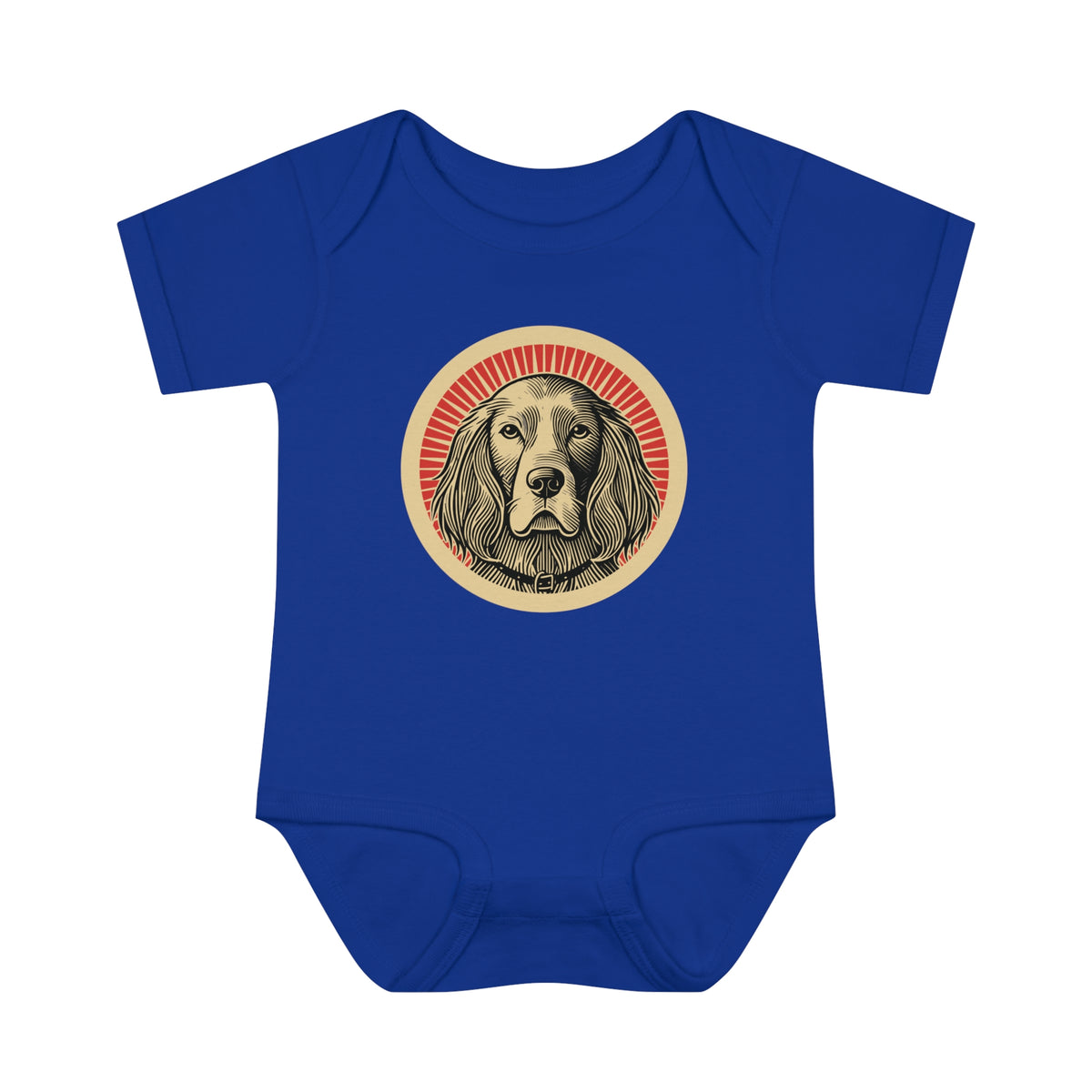 English Setter badge art in a ring of red rays on a baby bodysuit
