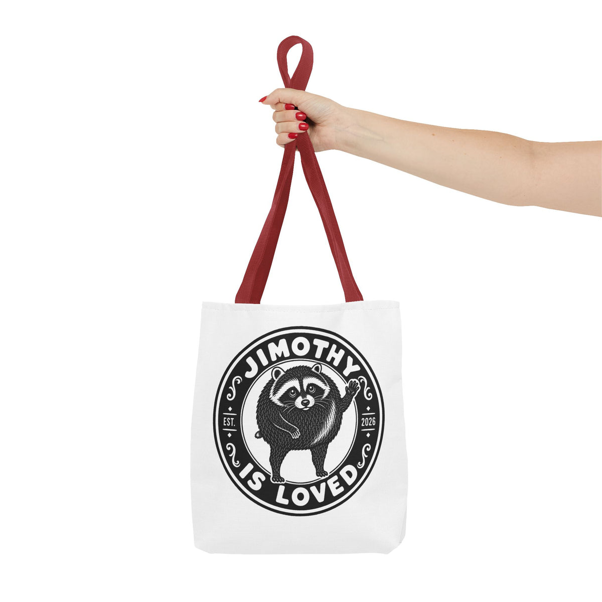 Personalized Raccoon Tote — "Jimothy Is Loved" Graphic Tote Bag