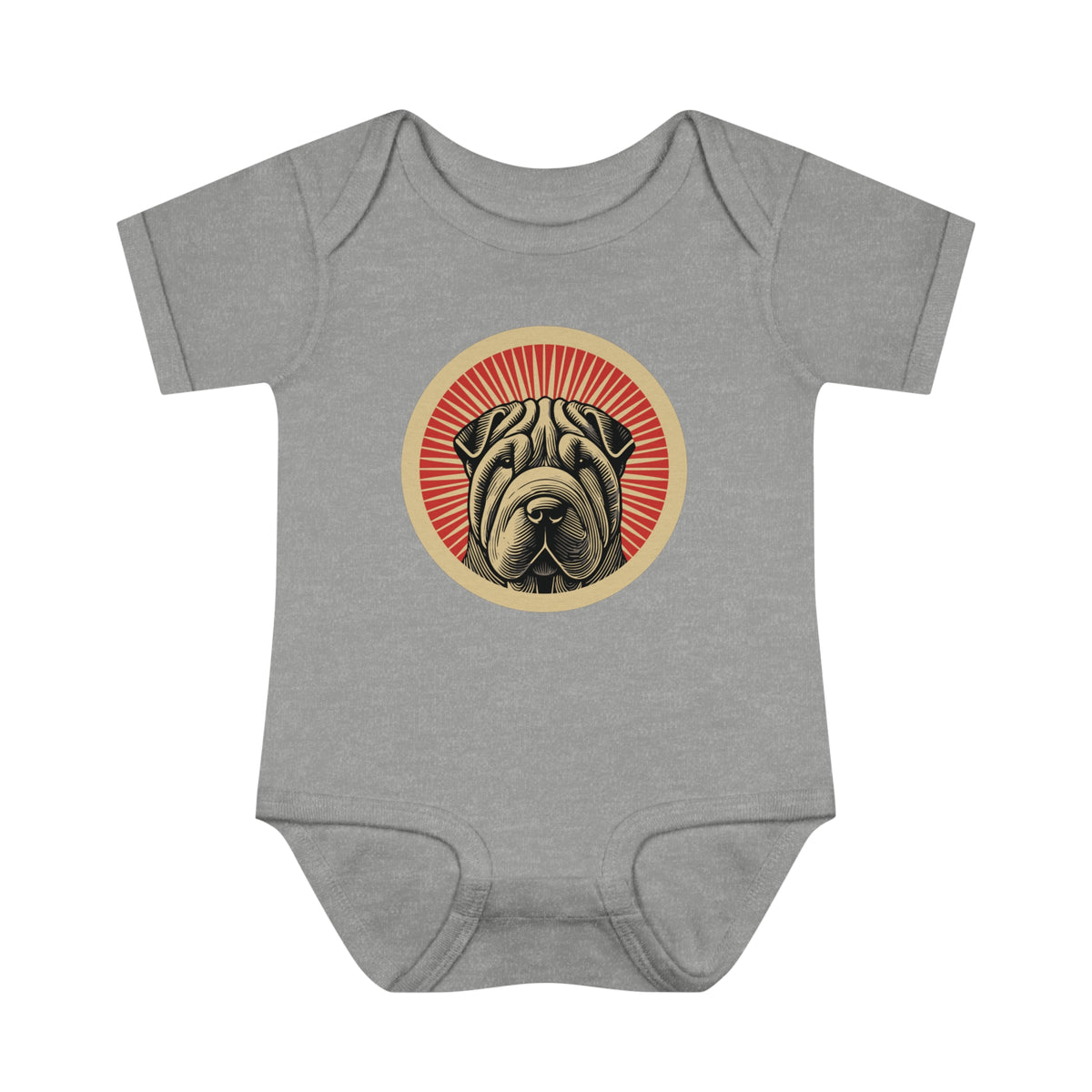 Chinese Shar-Pei badge art in a ring of red rays on a baby bodysuit