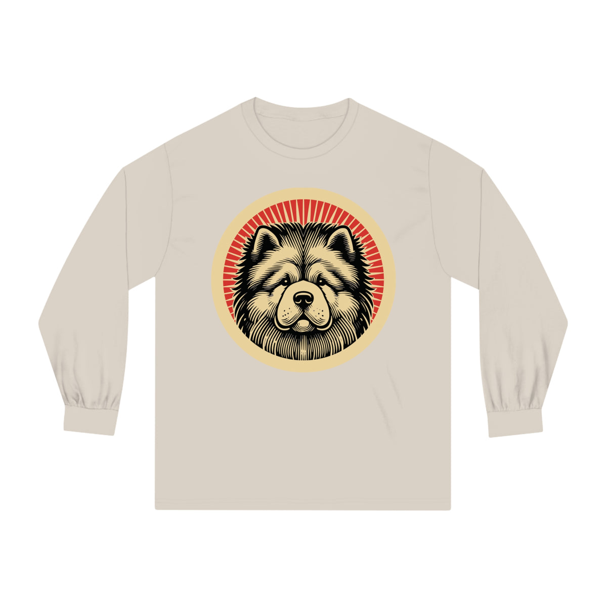 Chow Chow badge art in a ring of red rays on a long-sleeve tee