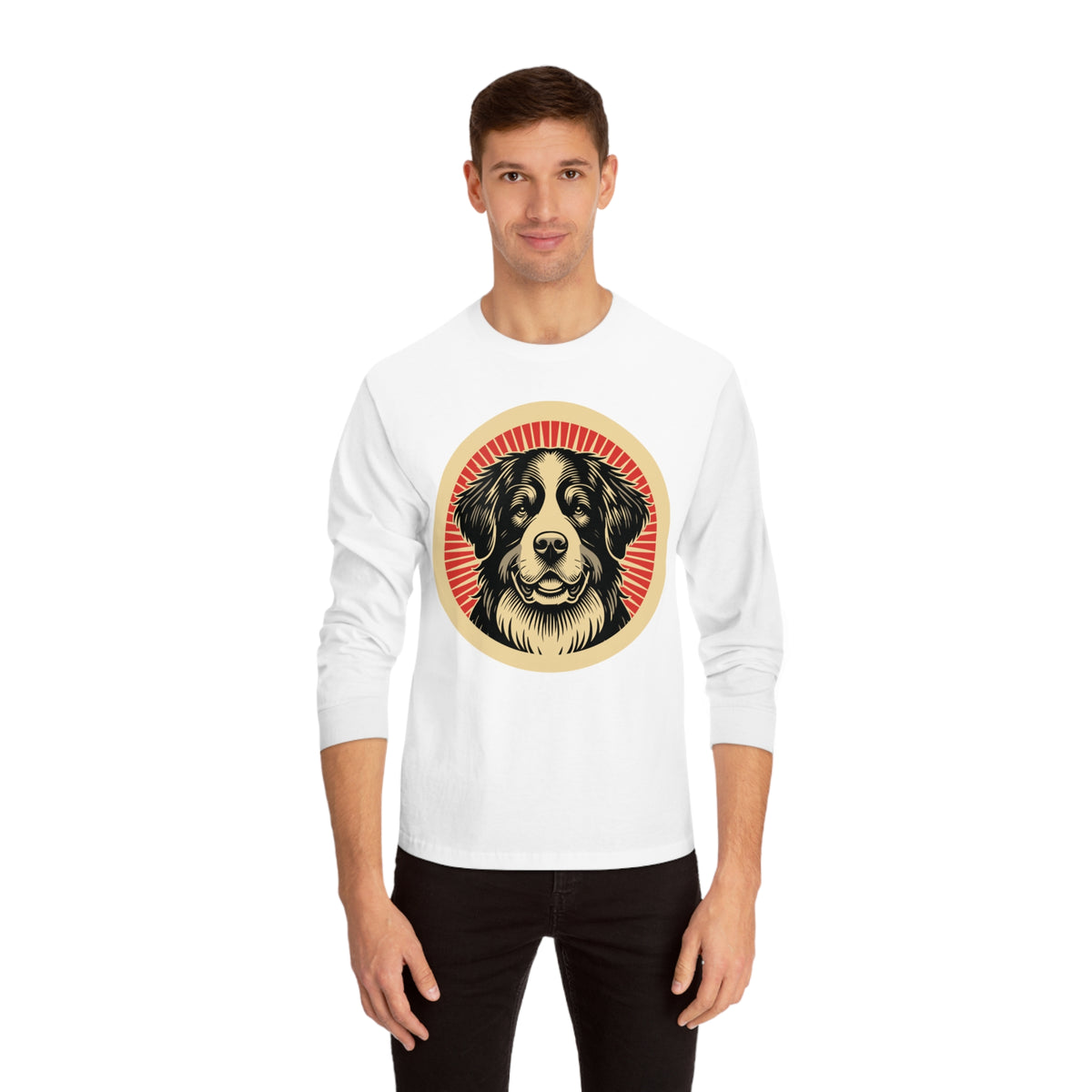 Bernese Mountain Dog badge art in a ring of red rays on a long-sleeve tee