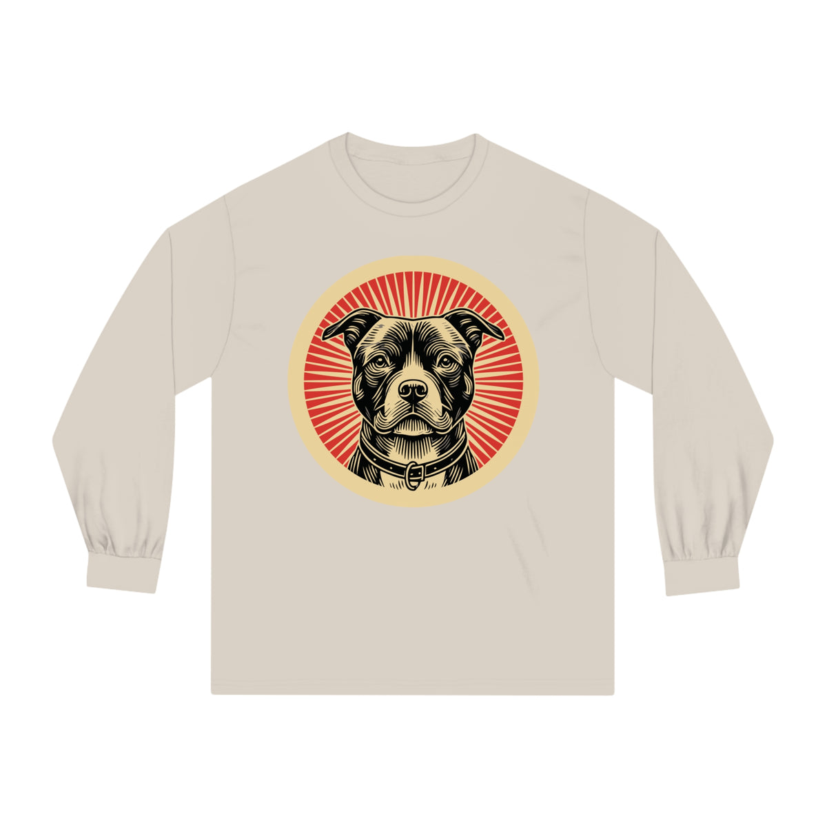 American Staffordshire Terrier badge art in a ring of red rays on a long-sleeve tee