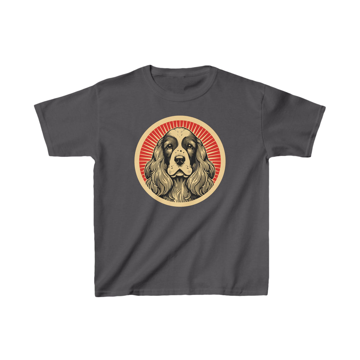 English Cocker Spaniel badge art in a ring of red rays on a kids' tee