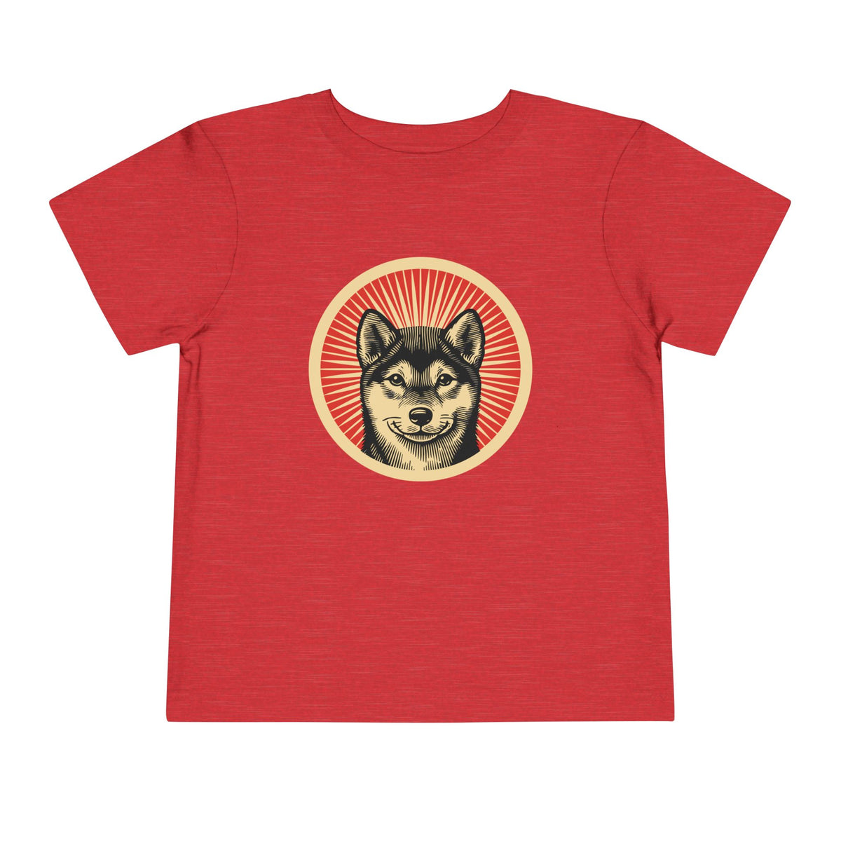 Shiba Inu badge art in a ring of red rays on a toddler tee