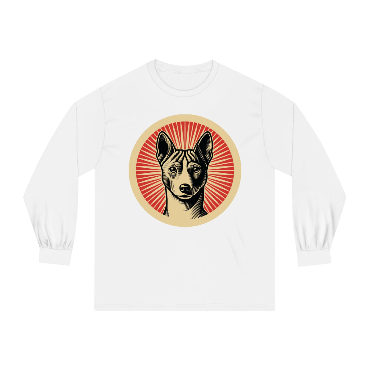 Basenji badge art in a ring of red rays on a long-sleeve tee