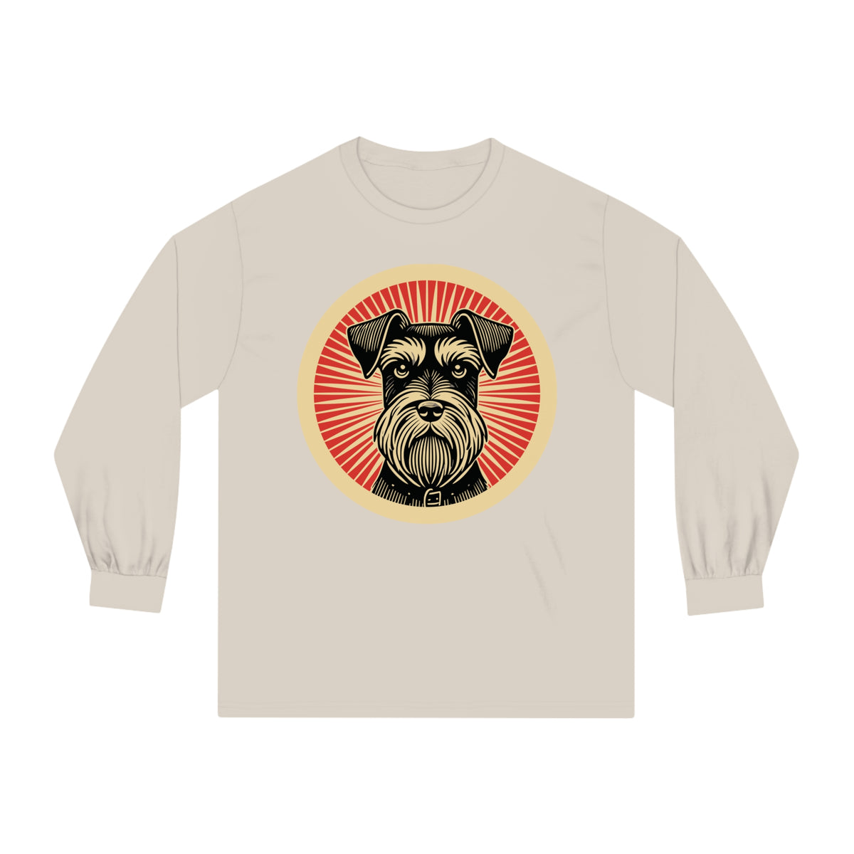 Miniature Schnauzer badge art in a ring of red rays on a long-sleeve tee