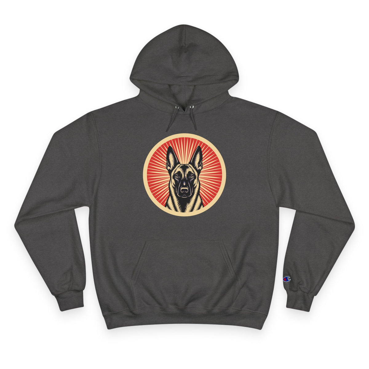 Belgian Malinois badge art in a ring of red rays on a champion hoodie