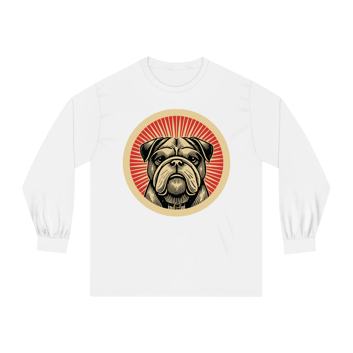 Bulldog badge art in a ring of red rays on a long-sleeve tee