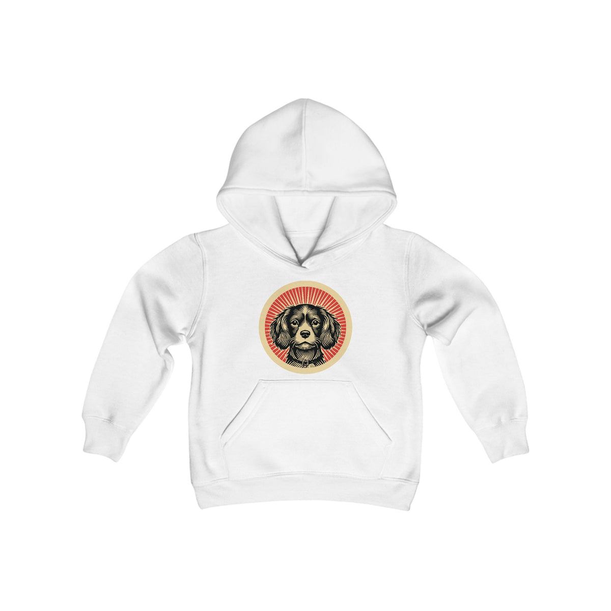 Cavachon badge art in a ring of red rays on a kids' hoodie