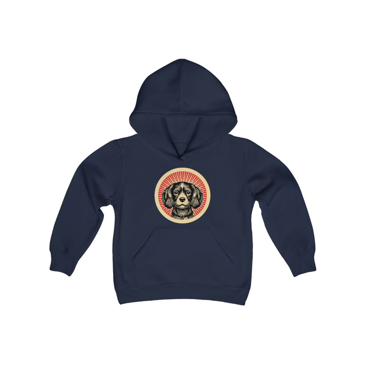 Cavachon badge art in a ring of red rays on a kids' hoodie