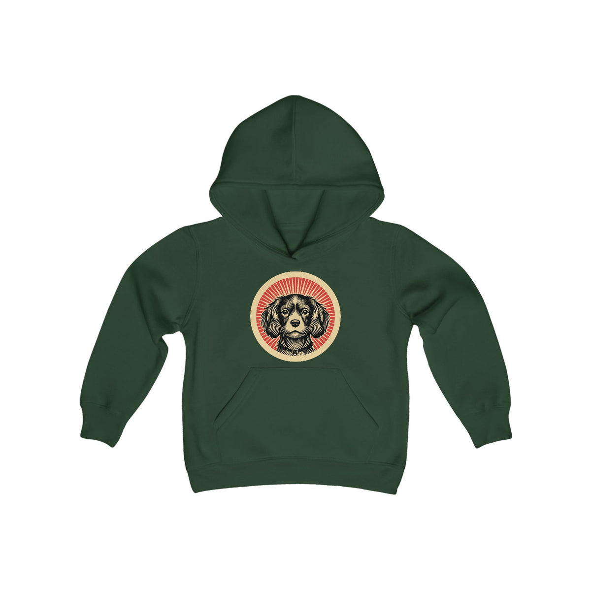 Cavachon badge art in a ring of red rays on a kids' hoodie