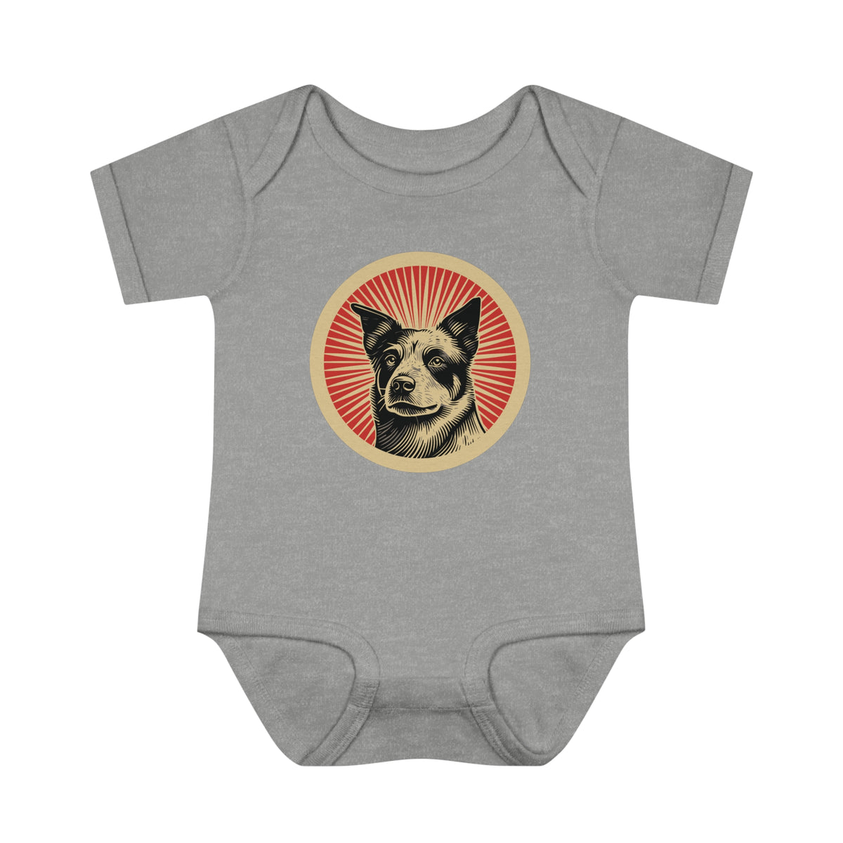 Australian Cattle Dog badge art in a ring of red rays on a baby bodysuit