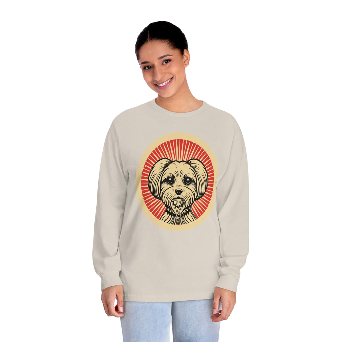 Maltese badge art in a ring of red rays on a long-sleeve tee