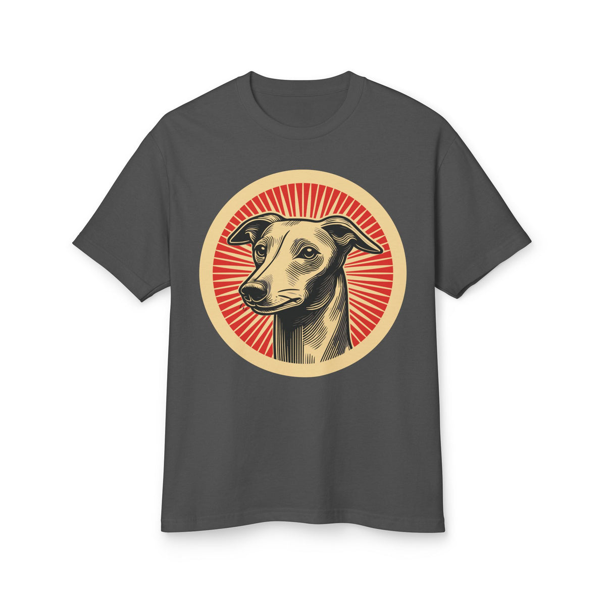 Italian Greyhound badge art in a ring of red rays on a heavyweight tee
