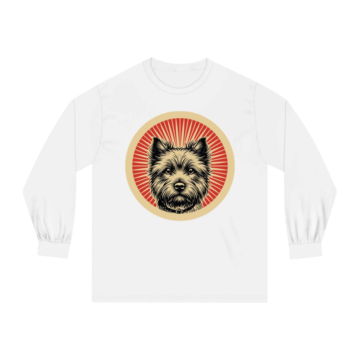Cairn Terrier badge art in a ring of red rays on a long-sleeve tee