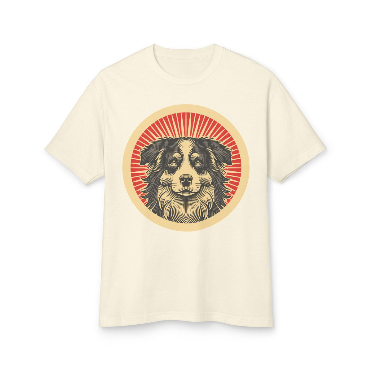 Border Collie badge art in a ring of red rays on a heavyweight tee