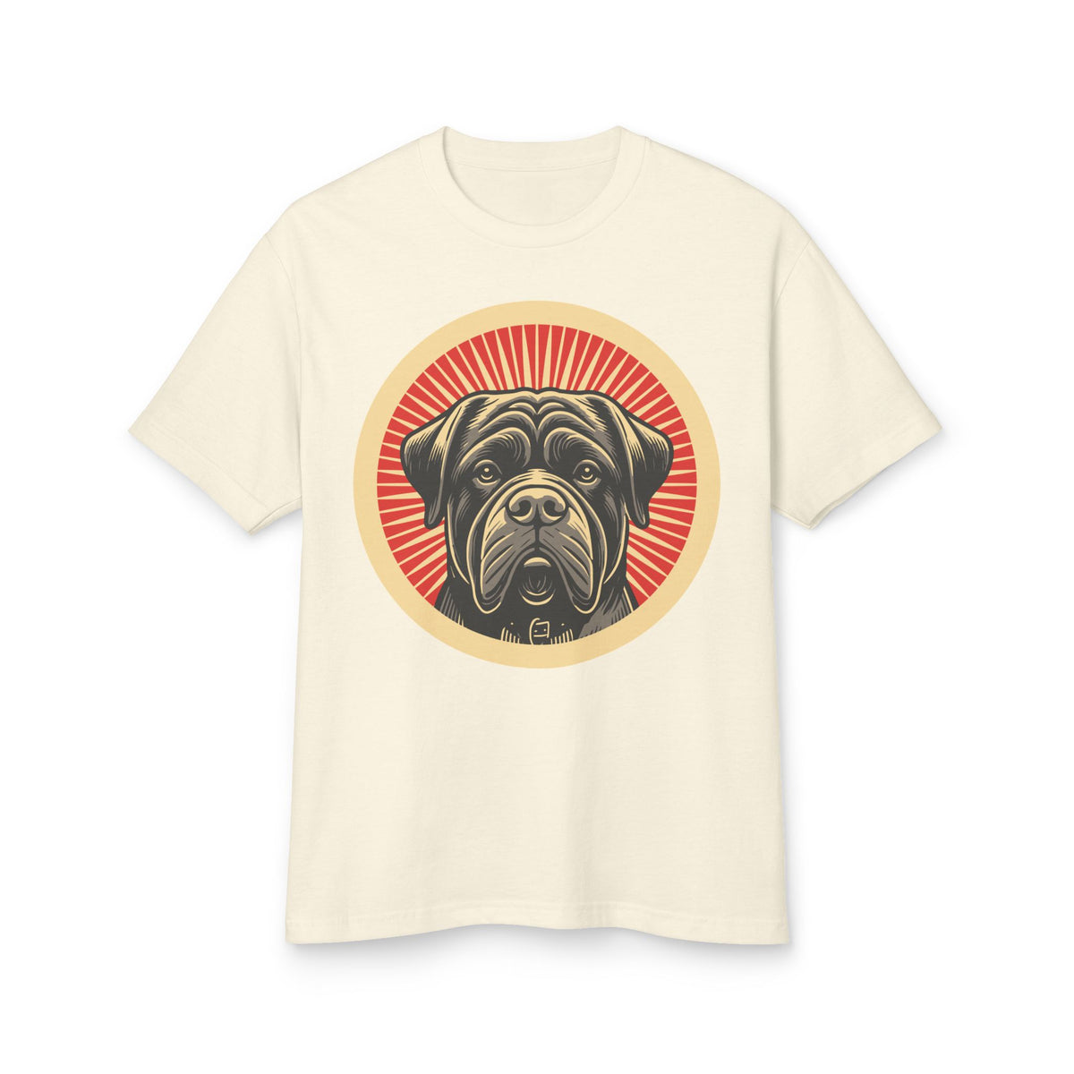 Bullmastiff badge art in a ring of red rays on a heavyweight tee