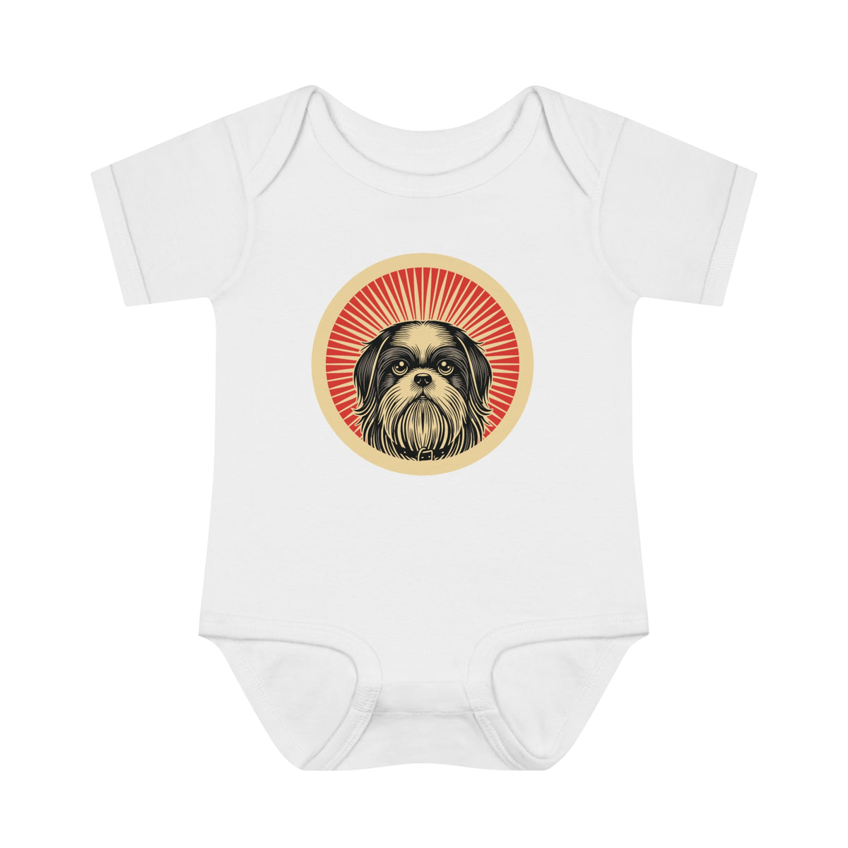 Shih Tzu badge art in a ring of red rays on a baby bodysuit