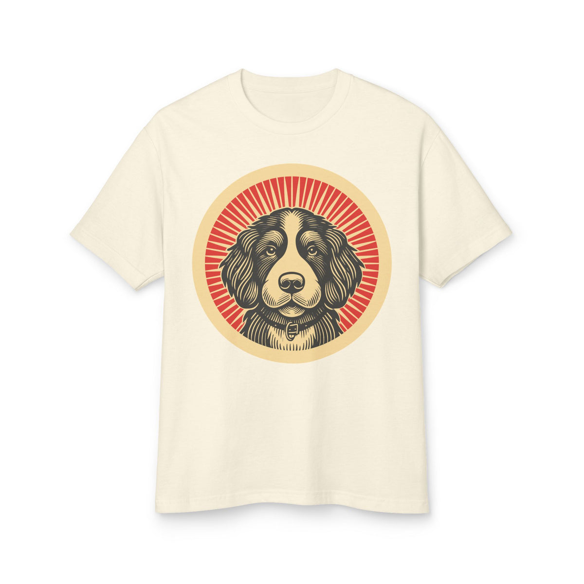 Bernedoodle badge art in a ring of red rays on a heavyweight tee