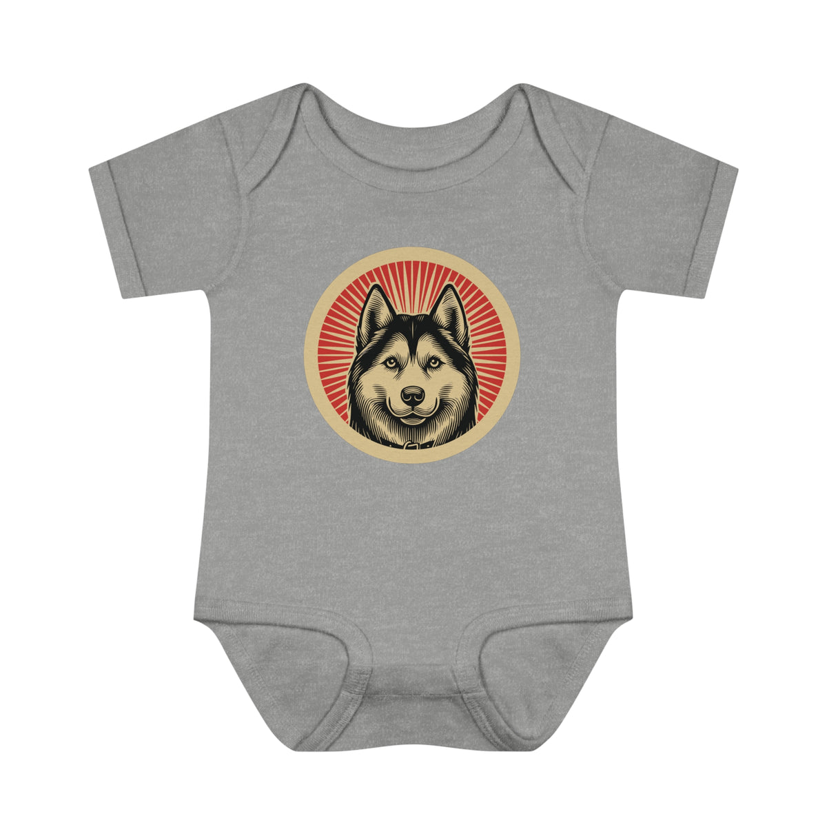 Siberian Husky badge art in a ring of red rays on a baby bodysuit