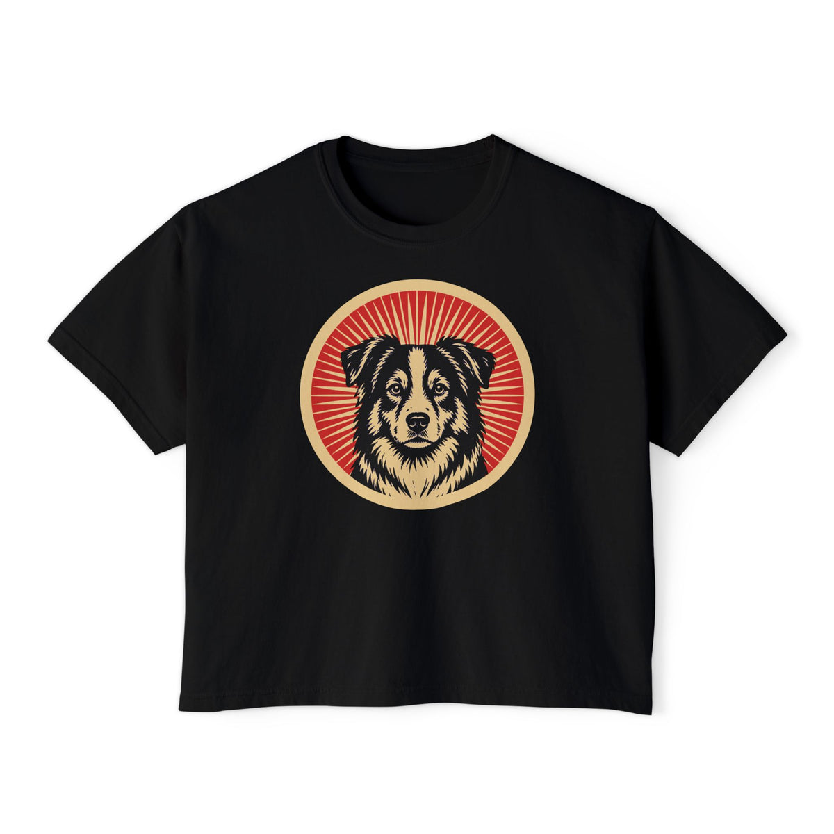 Miniature American Shepherd badge art in a ring of red rays on a boxy tee