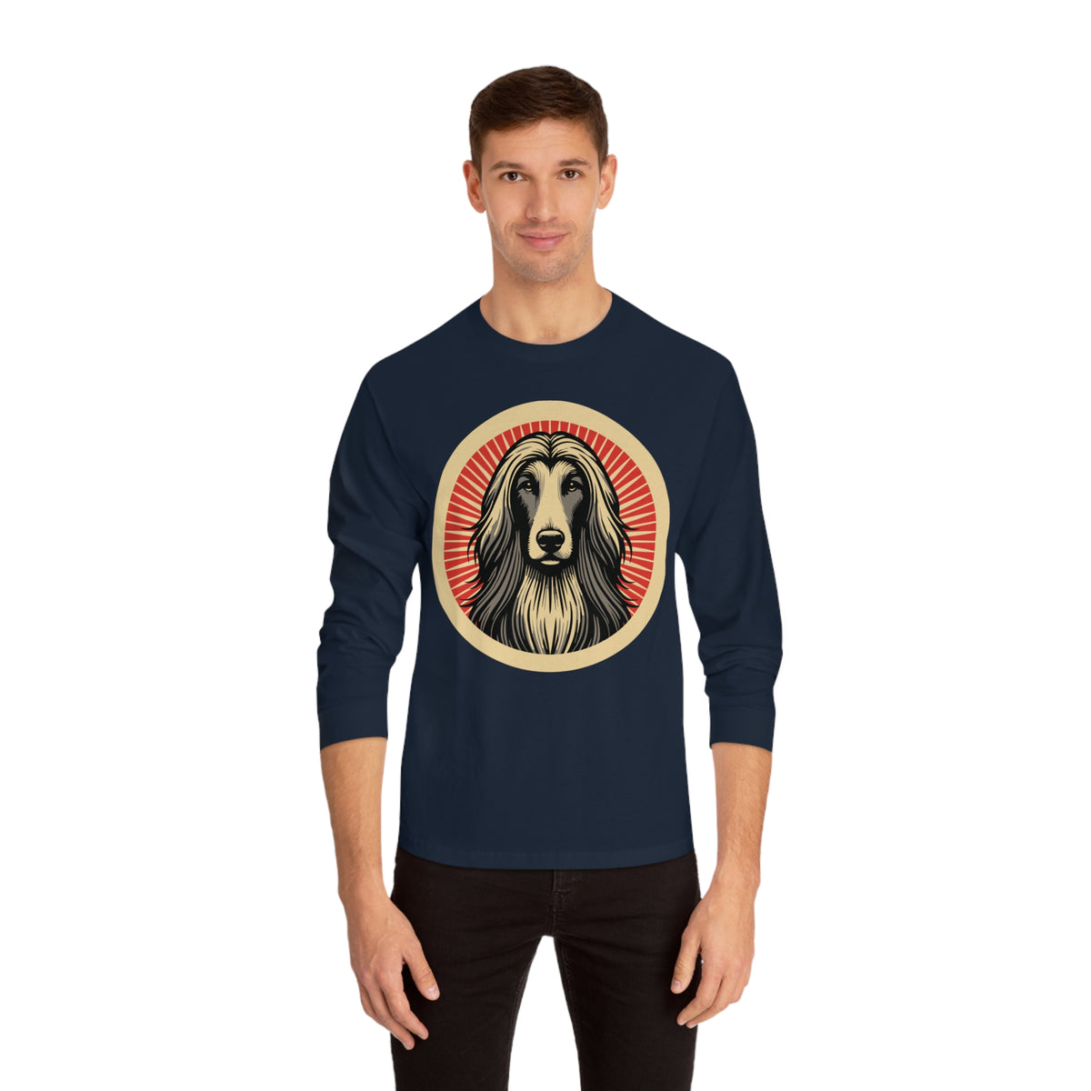 Afghan Hound badge art in a ring of red rays on a long-sleeve tee