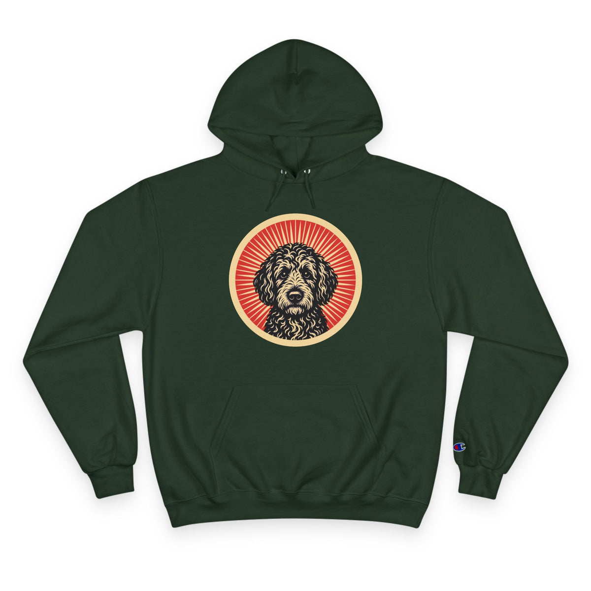 Doodle badge art in a ring of red rays on a champion hoodie