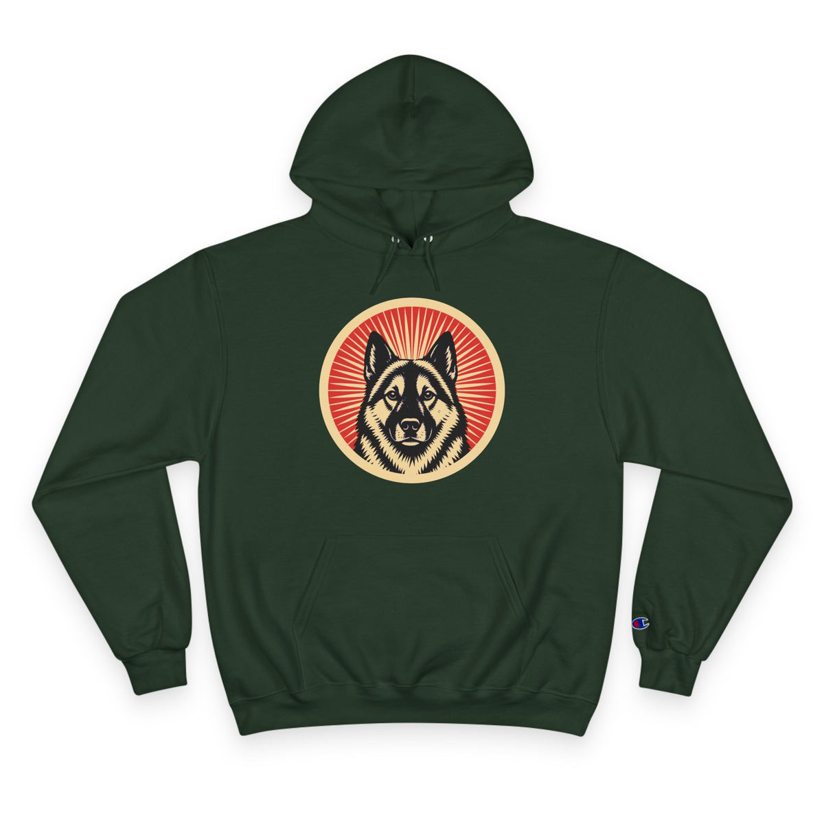 Norwegian Elkhound badge art in a ring of red rays on a champion hoodie