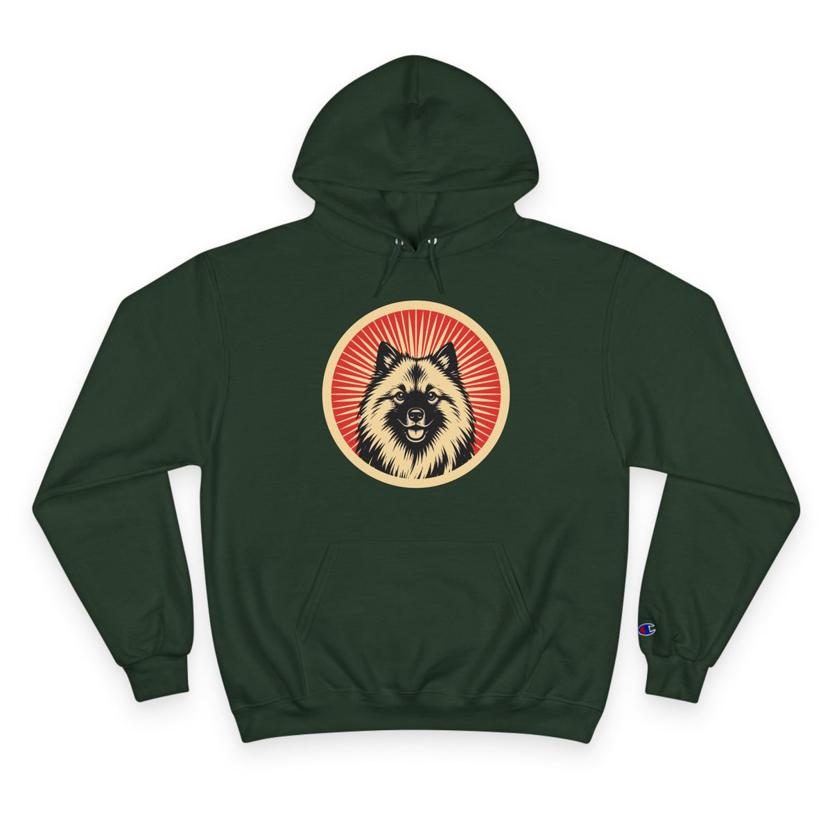 Keeshond badge art in a ring of red rays on a champion hoodie